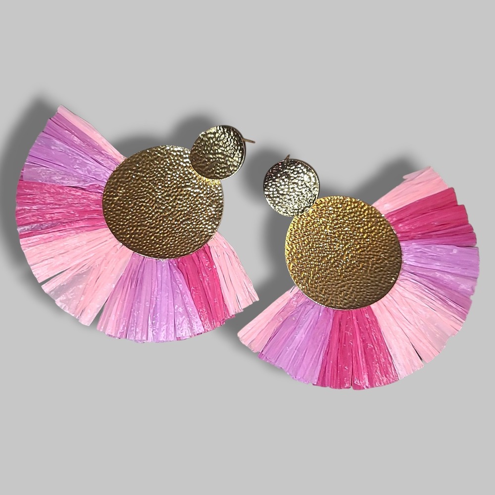 Pink Raffia Gold Tone Hammered Metal Fan Tassel Statement Earrings